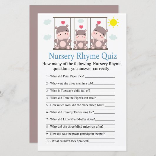 Papier Love hippo Nursery Rhyme Quiz jeu de baby shower (Devant / Derrière)