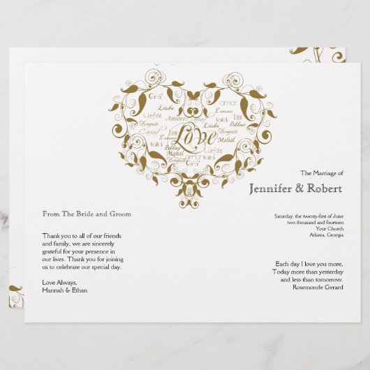 Papier Love in Any Language in Gold Wedding Program (Devant / Derrière)