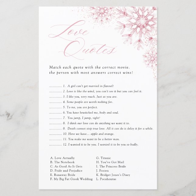 Papier Love Quotes Game Pink Snow in Love Bridal Shower (Devant)