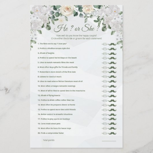 Papier Lui ou elle mignonne jeu Mariage Imprimable (Devant)