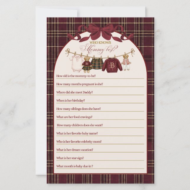 Papier Luxsary Teddy Baby Shower Girl Plaid Game (Devant)