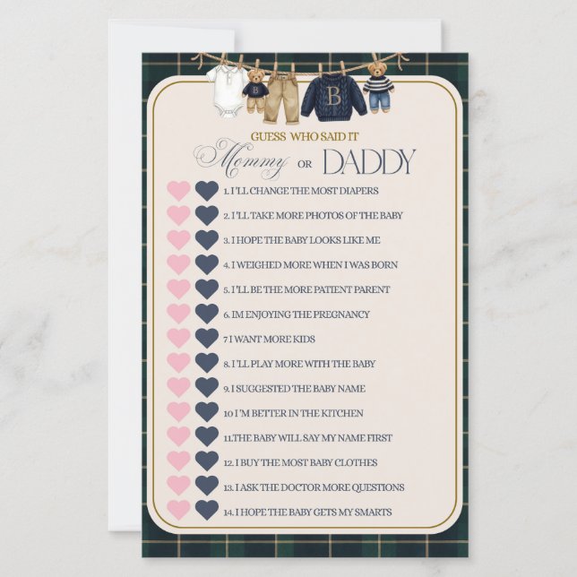 Papier Luxsary Teddy Bear Plaid Baby Shower Game (Devant)