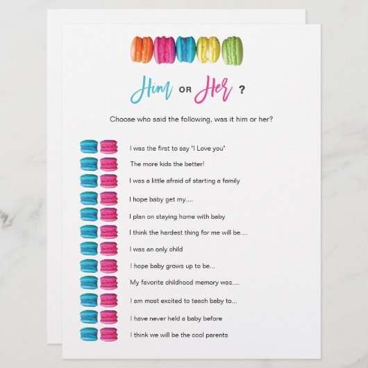 Papier Macaron Thé Lui ou son Baby shower nuptial jeu (Devant / Derrière)