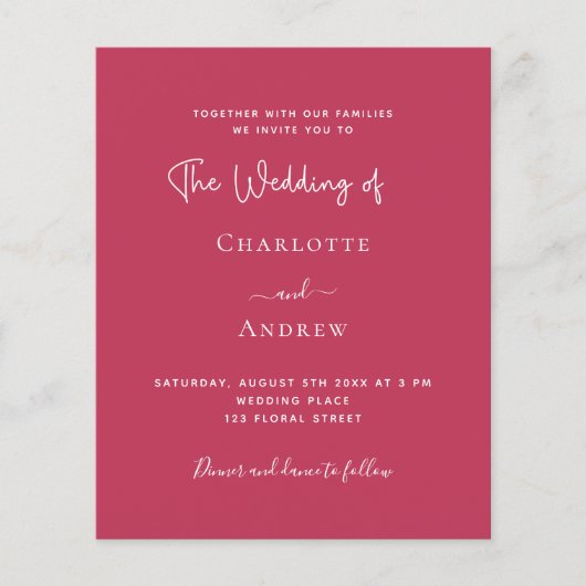 Papier Magenta élégant script budget faire-part de mariag (Devant)