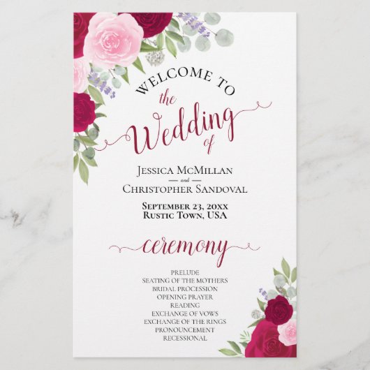 Papier Magenta & Pink Boho Floral Budget Wedding Programm (Devant)