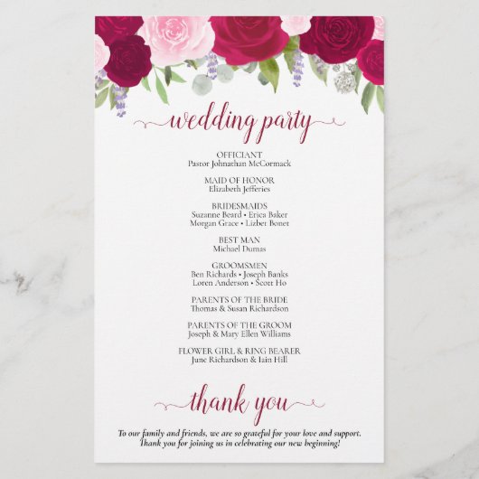 Papier Magenta & Pink Boho Floral Budget Wedding Programm (Dos)