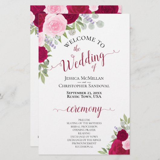 Papier Magenta & Pink Boho Floral Budget Wedding Programm (Devant / Derrière)