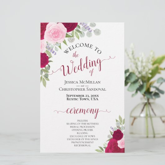 Papier Magenta & Pink Boho Floral Budget Wedding Programm (Debout devant)
