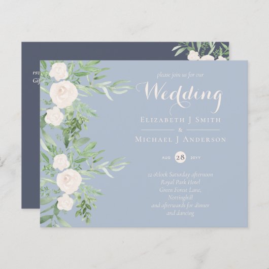 Papier Magnolia Dusty Blue Flower Wedding Invite BUDGET (Devant / Derrière)
