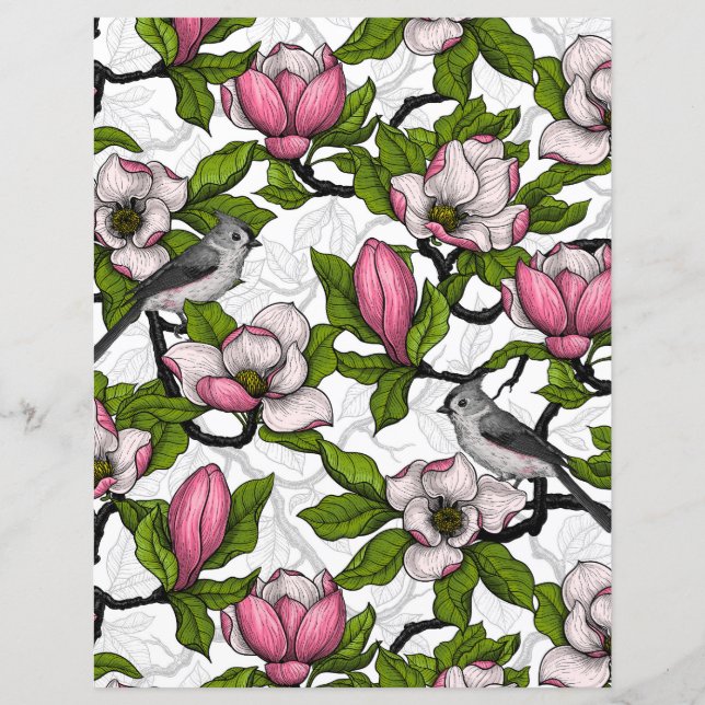 Papier magnolia en fleurs et mésange oiseau (Devant)
