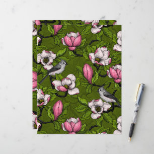 Papier Magnolia en fleurs et oiseau titmouse 2