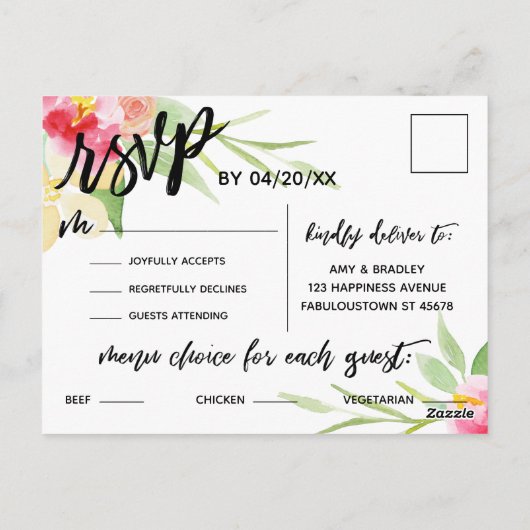Papier main libre Fleurs Boho Choix de menu RSVP (Dos)