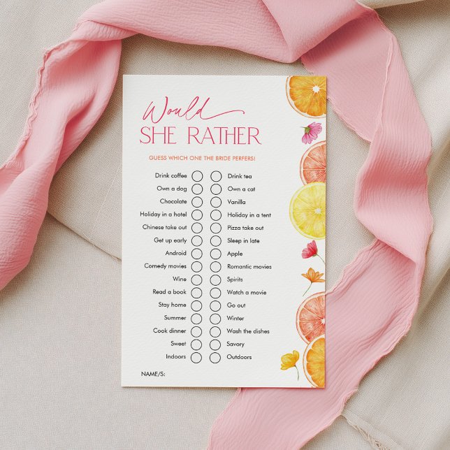 Papier Main Sqeeze Bridal Shower Games Would She Rather (Would she rather? Bridal Shower Game | Main Squeeze Citrus)