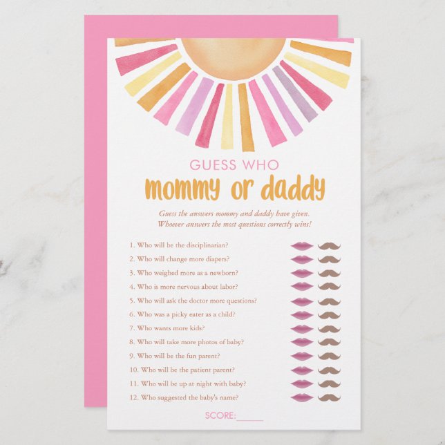 Papier Maman ou papa jeu devine qui soleil fille boho (Devant / Derrière)