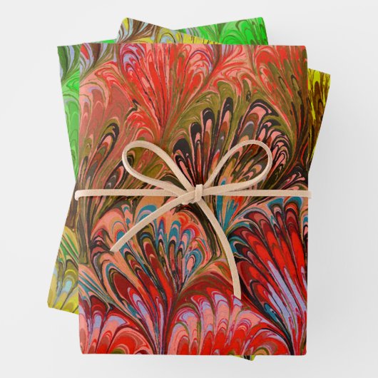 PAPIER MARBÉ, MOTIF ABSTRAIT ROUGE VERT JAUNE (En situation)