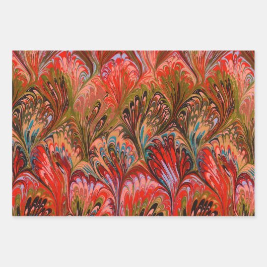 PAPIER MARBÉ, MOTIF ABSTRAIT ROUGE VERT JAUNE (Devant)