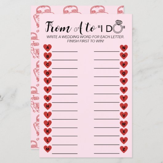 Papier Mariage A à Z Jeu - Activité Fête des mariées amus (Devant / Derrière)