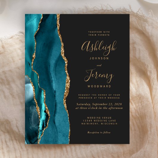 Papier Mariage à budget Agate sarcelle or