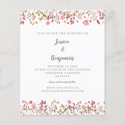 Papier Mariage avec bordure florale de fleurs sauvages ro (Devant)