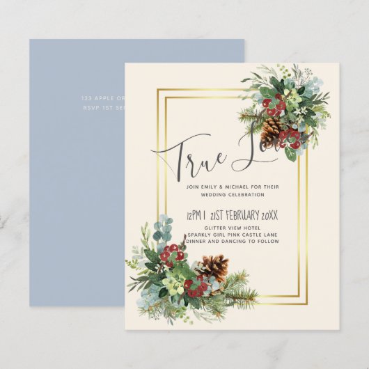 Papier Mariage Baies Rouges Hiver Cônes de Pin (Devant / Derrière)