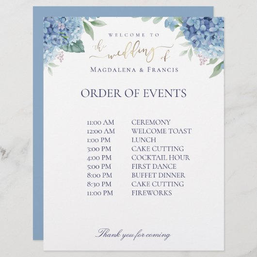 Papier mariage bienvenue commande de services (Devant / Derrière)