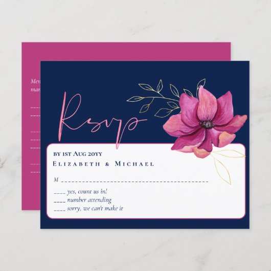 Papier Mariage bleu Fuchsia Marine rose RSVP (Devant / Derrière)