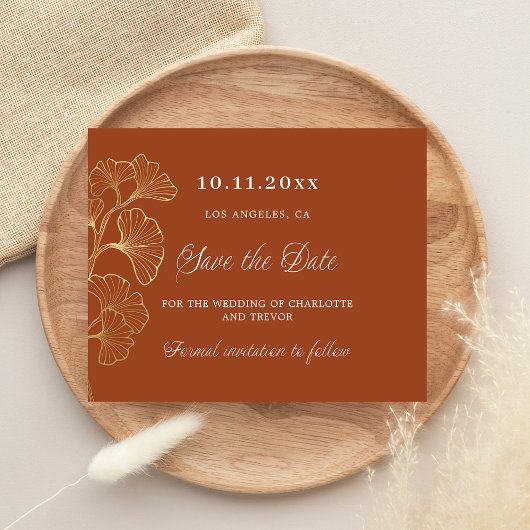 Papier Mariage brûlé orange ginkgo or enregistrer la date