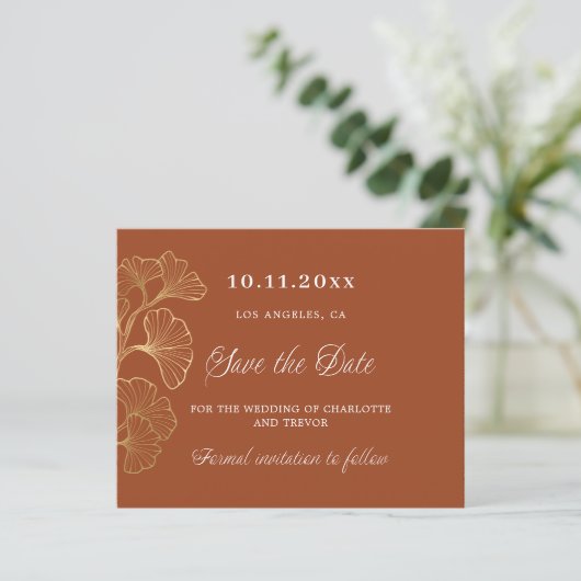 Papier Mariage brûlé orange ginkgo or enregistrer la date (Debout devant)