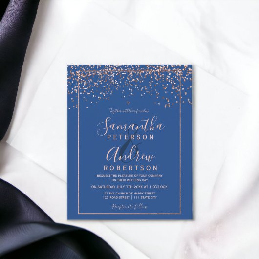 Papier mariage budget bleu confetti en or rose