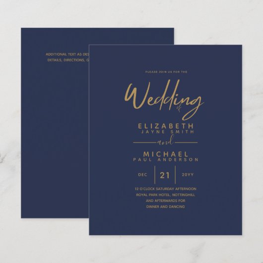 Papier Mariage budget bleu moderne or invite (Devant / Derrière)