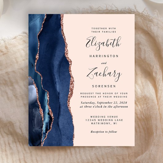 Papier Mariage Budget Bleu Nuit Rose Doré Agate Blush