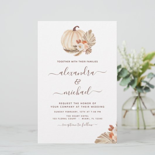 Papier Mariage Budget Boho Pampas Grass Citrouille blanc (Debout devant)