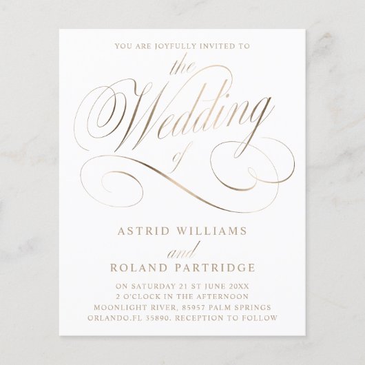 Papier Mariage Budget Classique Script Blanc & Or (Devant)