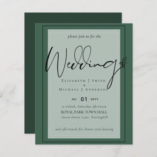 Papier MARIAGE BUDGET Couleurs Vert Sage Olive Invitation (Devant / Derrière)