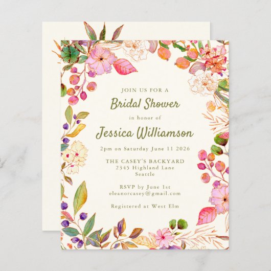 Papier Mariage Budget Fleurs Aquarelles Colorées (Devant / Derrière)