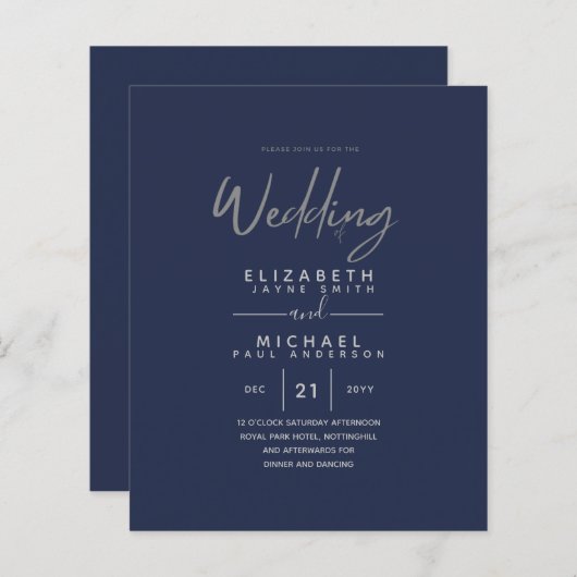 Papier Mariage budget moderne bleu argent invite (Devant / Derrière)