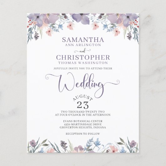 Papier Mariage Budget Purple Aquarelle Florale Invitation (Devant)