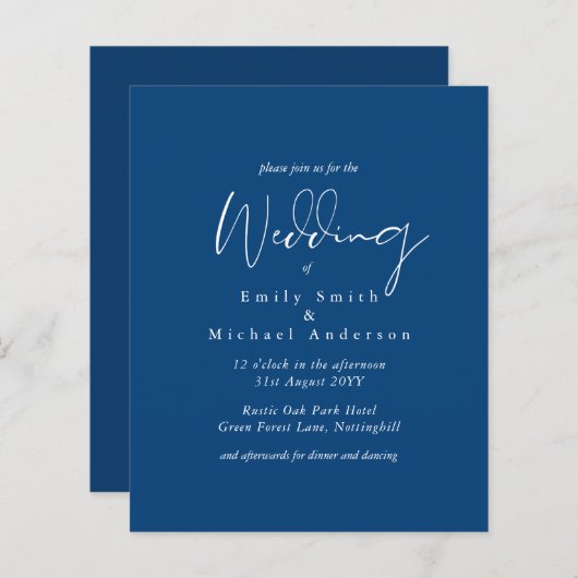 Papier Mariage Budget Royal Blue White Script (Devant / Derrière)