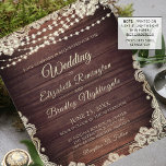 Papier Mariage Budget Rustic Wood Lights Lace Invitation<br><div class="desc">Invitations de mariage rustiques imprimées sur papier léger idéal pour les budgets conservateurs et la livraison à la main aux invités. Beau bois de campagne avec lumières cordon brillantes et accentué avec dentelle dans une couleur crème d'ivoire. Tout le texte est modifiable pour modifier le libellé en fonction de vos...</div>