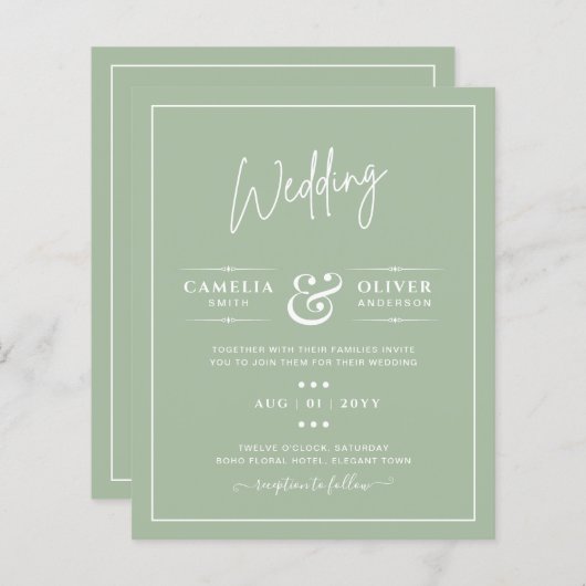 Papier MARIAGE BUDGET Sage Apple Green Monochrome Texte (Devant / Derrière)