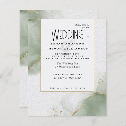 Papier Mariage Budget Sage Vert Abstrait Ciels marbrés (Devant / Derrière)