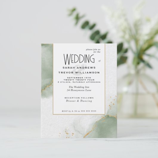 Papier Mariage Budget Sage Vert Abstrait Ciels marbrés (Debout devant)