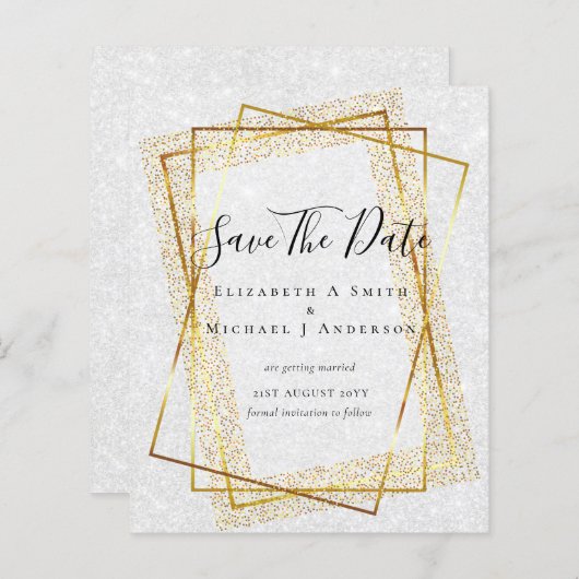 Papier MARIAGE BUDGET SAVE DATES Gold Parties scintillant (Devant / Derrière)