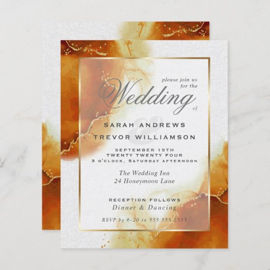 Papier Mariage Budget Topaz Gold Marble Abstrait Invitati (Devant / Derrière)