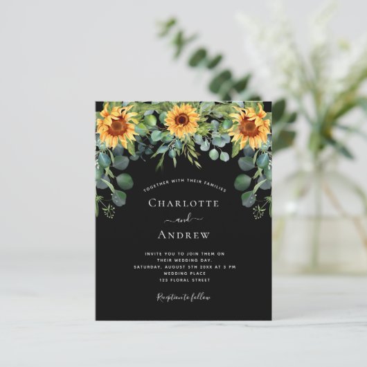 Papier Mariage budget tournesol eucalyptus noir (Debout devant)