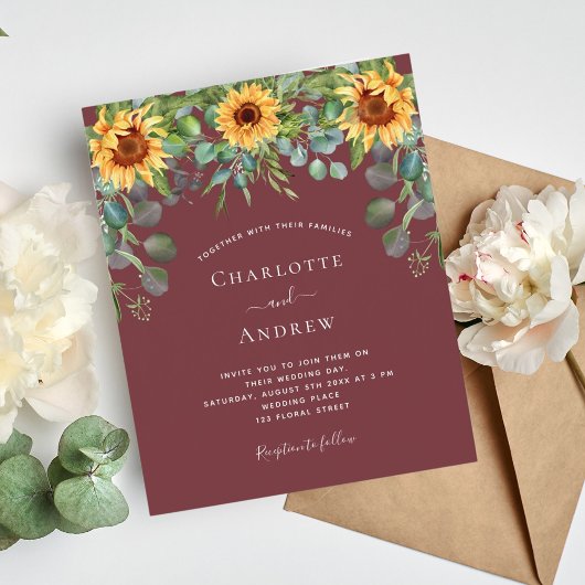 Papier Mariage budget tournesol eucalyptus vin rouge