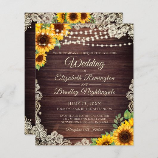 Papier Mariage Budget Tournesol Lumières en bois Dentelle (Devant / Derrière)