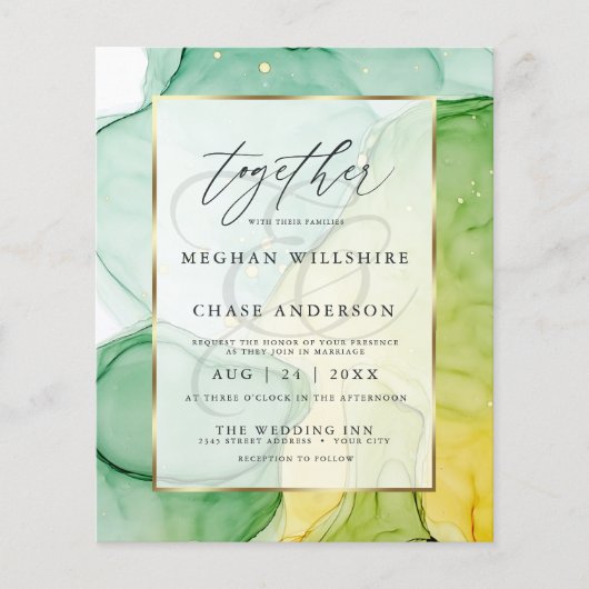 Papier Mariage Budget Vibrant Vert Or Abstrait Encre (Devant)