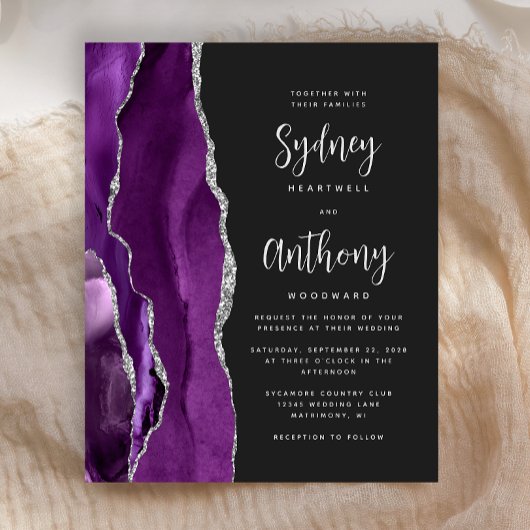 Papier Mariage Calligraphie Agate Violet Argent Budget