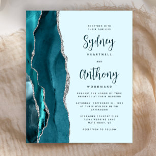 Papier Mariage Calligraphie Argent Agate Sarcelle Pâle Bu